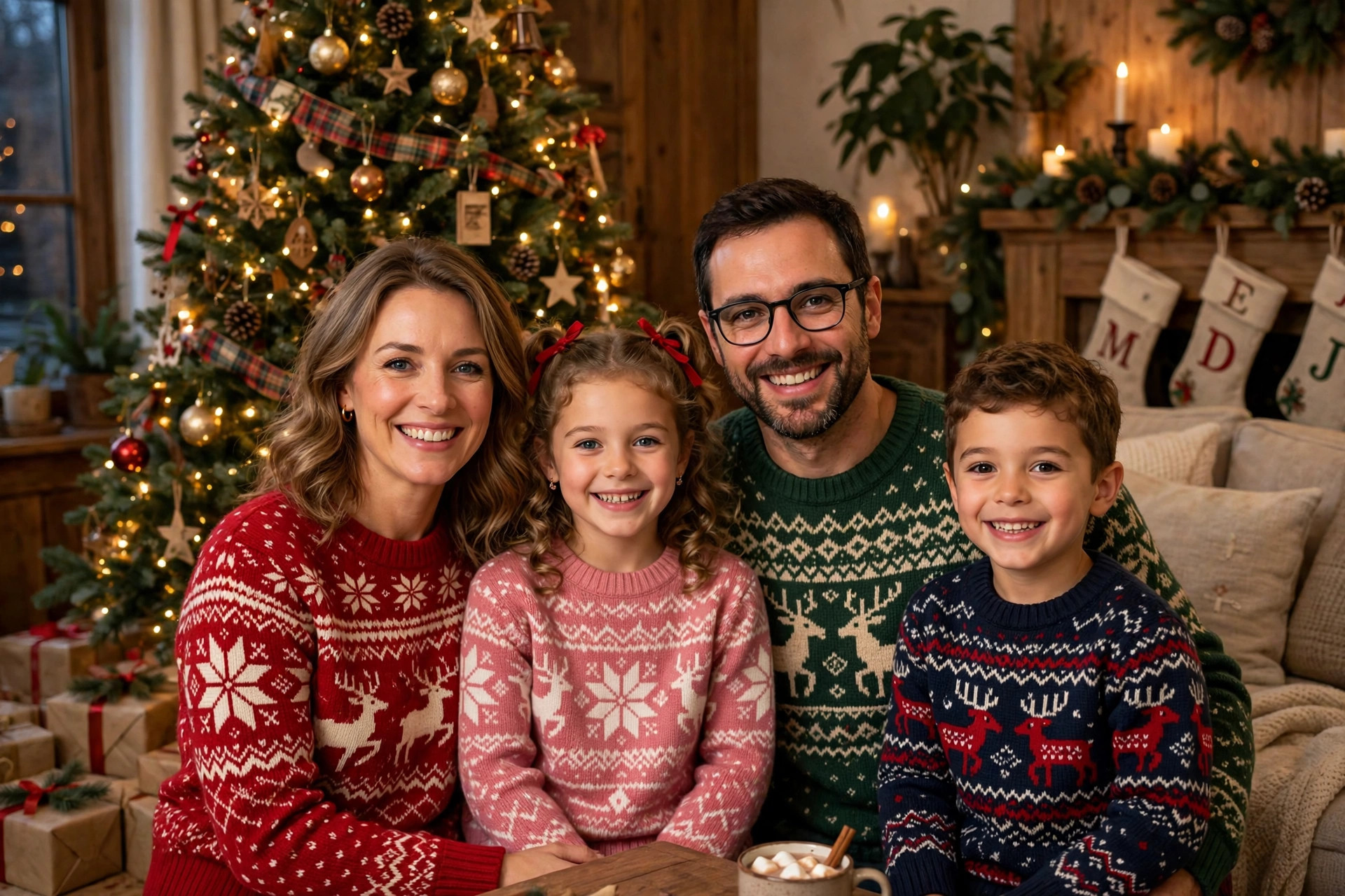 Smiling family in cozy Christmas sweaters in front of a decorated Christmas tree