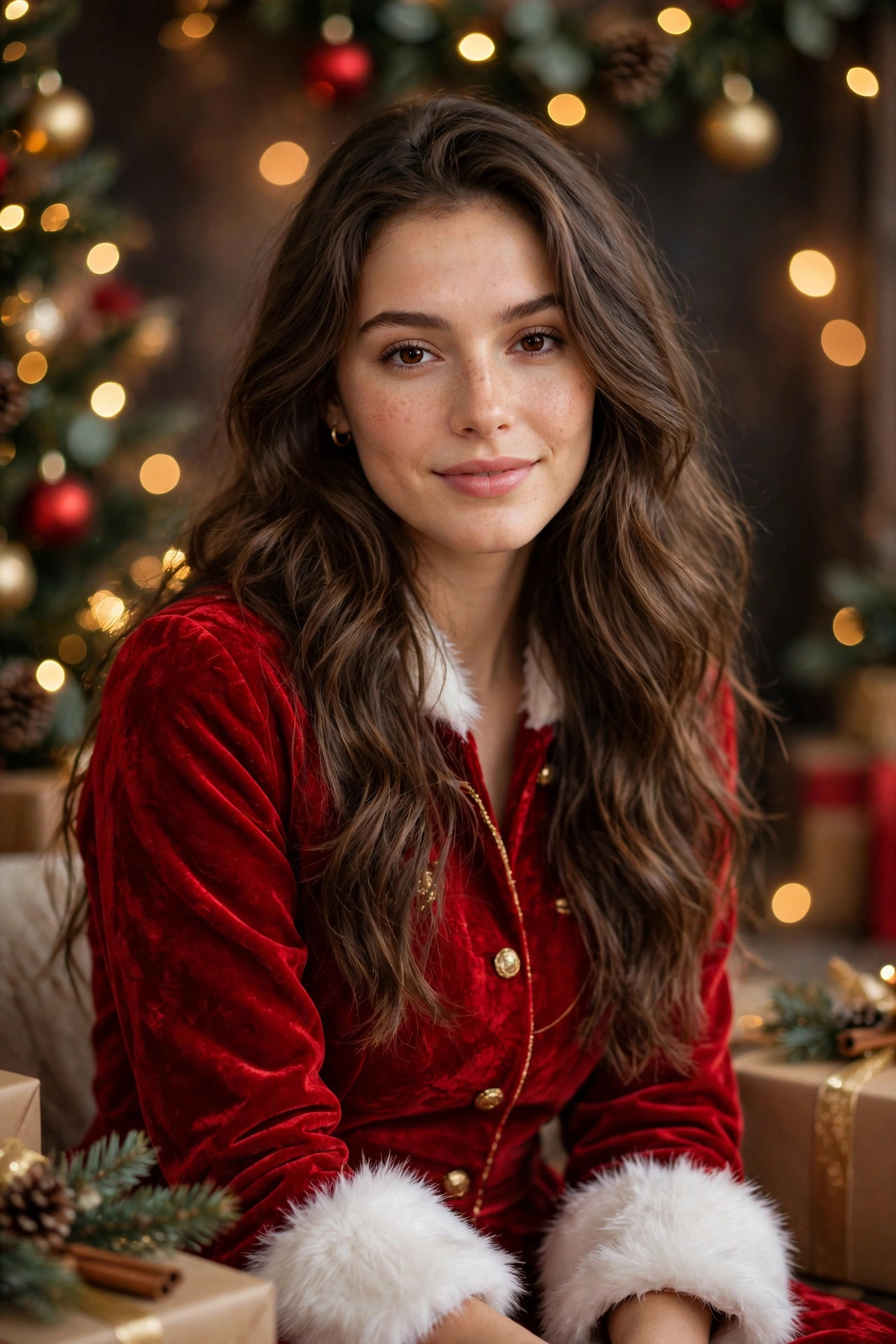 Model in a red festive outfit with white fur cuffs on a Christmas studio set